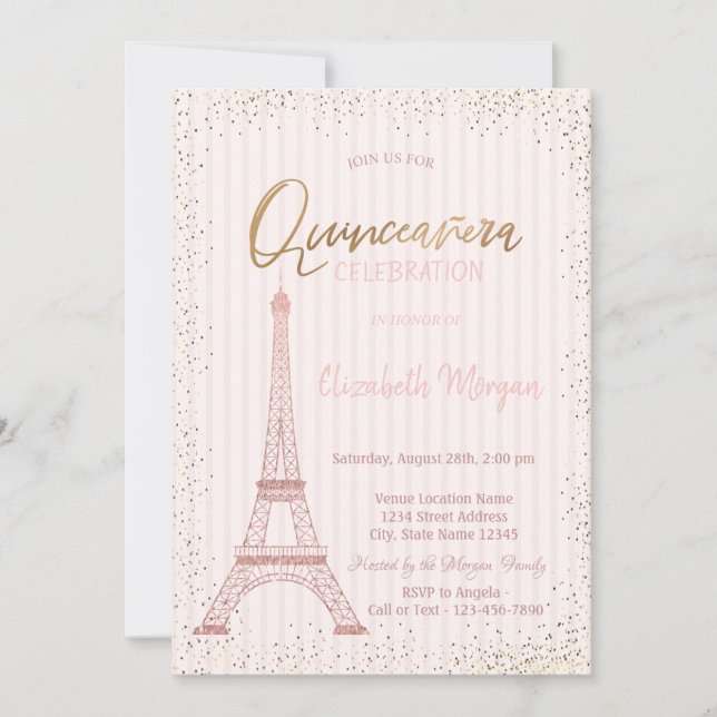 Convite Torre Eiffel Dourada Confetti Stripe Quinceanera (Frente)