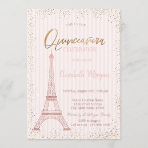 Convite Torre Eiffel Dourada Confetti Stripe Quinceanera