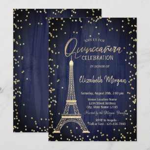Convite Torre Eiffel Dourada Diamantes Azul Marinho Quince