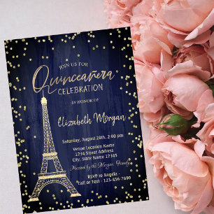 Convite Torre Eiffel Dourada Diamantes Azul Marinho Quince