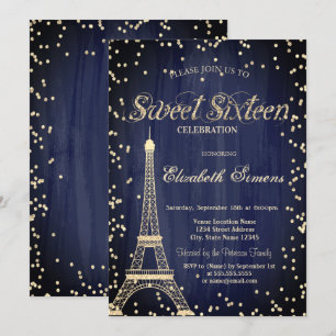 Convite Torre Eiffel Dourada Diamantes Azul Marinho Sweet