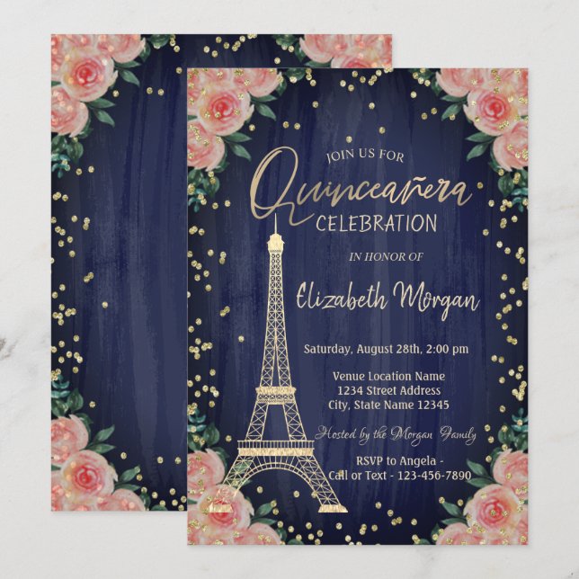 Convite Torre Eiffel Dourada Diamantes Flores Quinceañera (Frente/Verso)