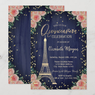 Convite Torre Eiffel Dourada Diamantes Flores Quinceañera