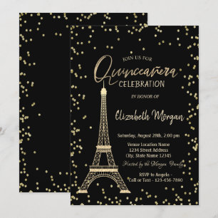 Convite Torre Eiffel Dourada Diamantes Quinceanera Preta