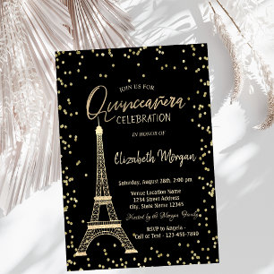 Convite Torre Eiffel Dourada Diamantes Quinceanera Preta