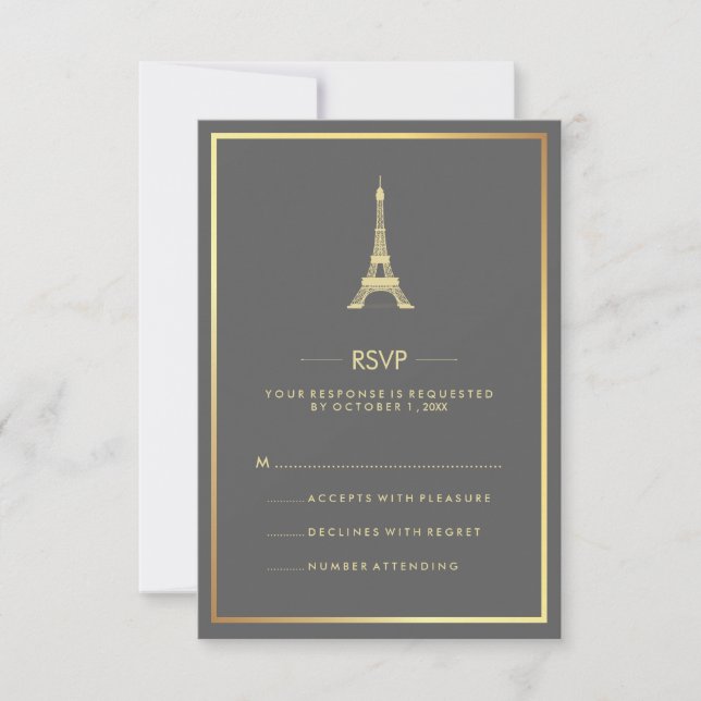 Convite Torre Eiffel Dourada Elegante em RSVP de Casamento (Frente)