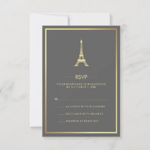 Convite Torre Eiffel Dourada Elegante em RSVP de Casamento
