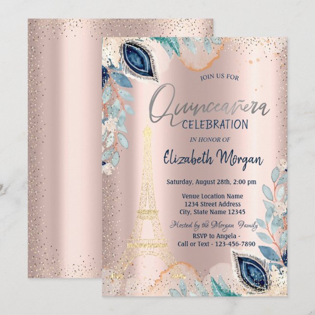 Convite Torre Eiffel Dourada,Flores,Quinceañera Rosa Doura (Frente/Verso)