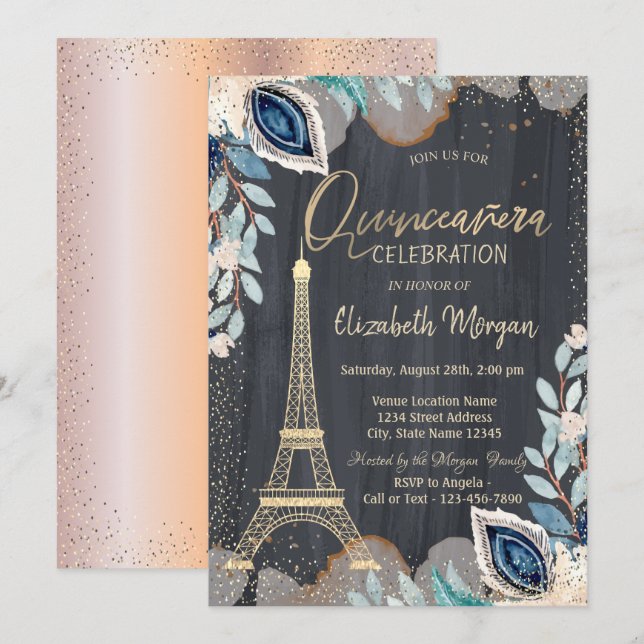 Convite Torre Eiffel Dourada,Flores, Quinze Anos Rose Gold (Frente/Verso)