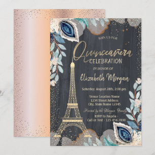 Convite Torre Eiffel Dourada,Flores, Quinze Anos Rose Gold