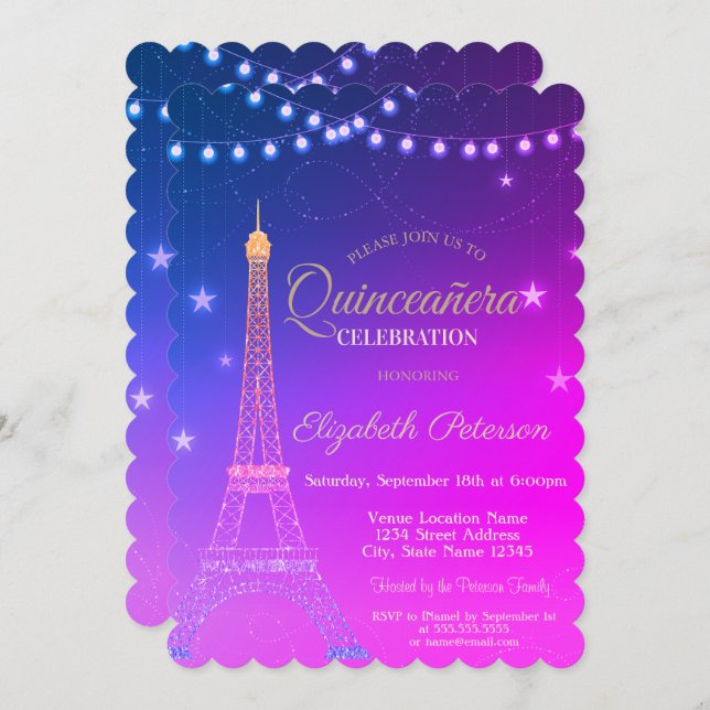Convite Torre Eiffel Dourada, Quinceañera Burgundy Em (Frente/Verso)