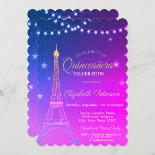 Convite Torre Eiffel Dourada, Quinceañera Burgundy Em