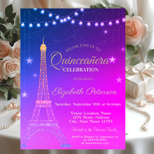 Convite Torre Eiffel Dourada, Quinceañera Burgundy Em