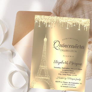 Convite Torre Eiffel Dourada, Quinceañera Chic com Pingos