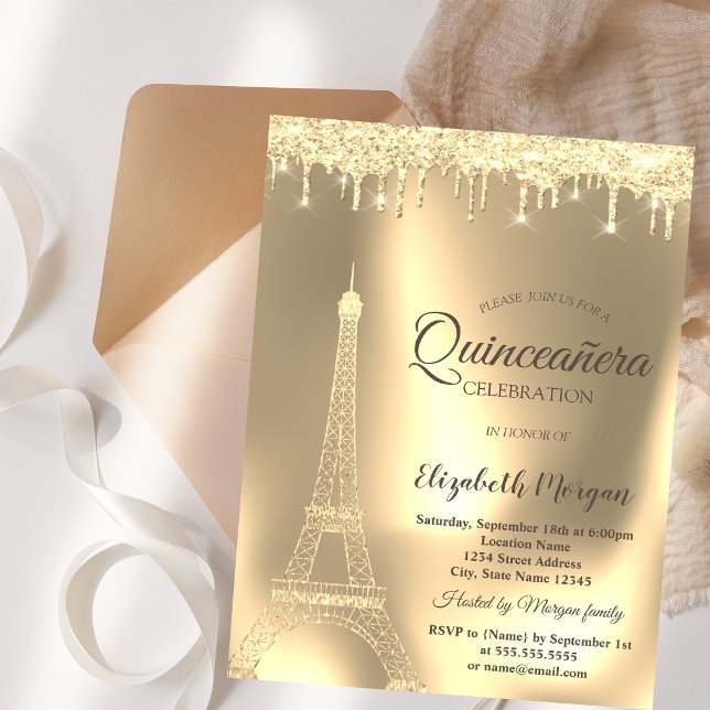 Convite Torre Eiffel Dourada, Quinceañera Chic com Pingos (Criador carregado)