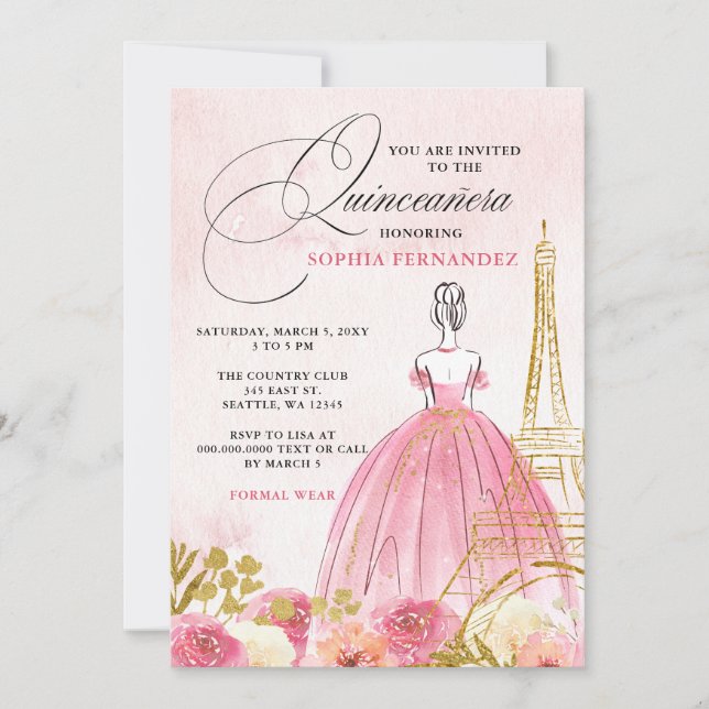 Convite Torre Eiffel Dourada Rosa Blush Paris Quinceañera (Frente)