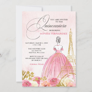 Convite Torre Eiffel Dourada Rosa Blush Paris Quinceañera