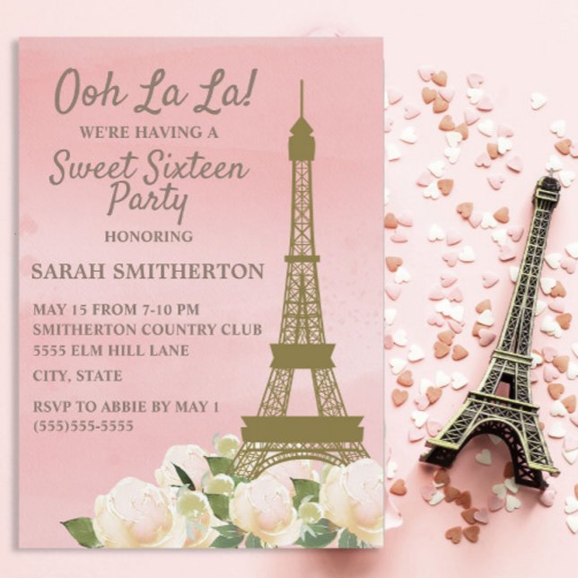 Convite Torre Eiffel, Dourada rosa, branca, floreado 16 (Ooh la la Parisian Sweet 16 birthday party invitation)