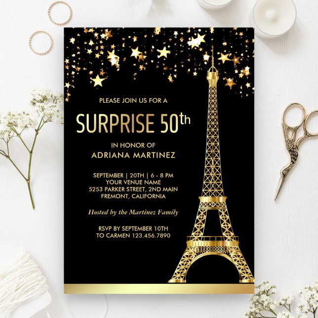 Convite Torre Eiffel Dourada Surpresa de 50 Anos (Criador carregado)