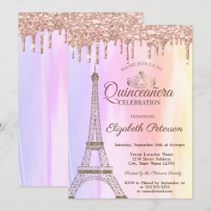 Convite Torre Eiffel, Drips Rosa Dourado Ombre Quinceañera