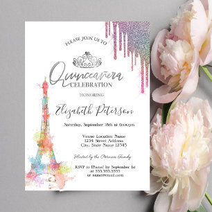 Convite Torre Eiffel em aquarela, Quinceañera com gotas co
