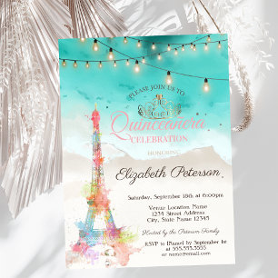 Convite Torre Eiffel em aquarela, Quinceañera na Praia Tia