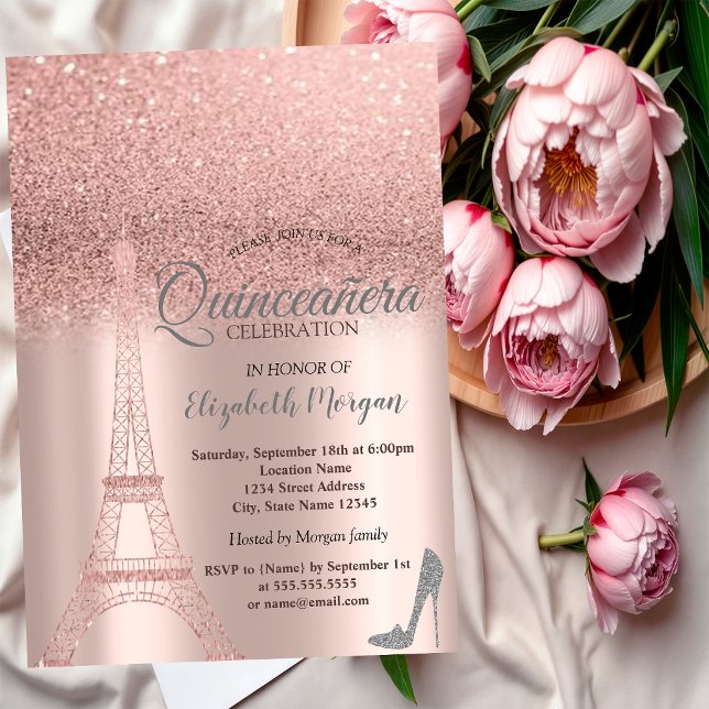 Convite Torre Eiffel em brilho de ouro rosa, Saltos Quince (Criador carregado)