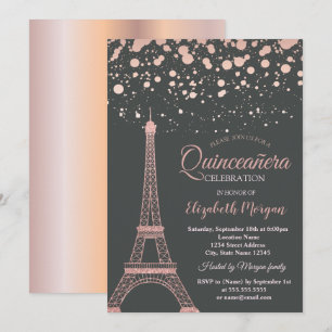 Convite Torre Eiffel em brilho dourado-rosado, Pontos Quin