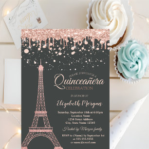 Convite Torre Eiffel em Rosa Dourado, Gotas Pontos Quincea