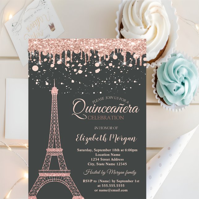 Convite Torre Eiffel em Rosa Dourado, Gotas Pontos Quincea (Criador carregado)