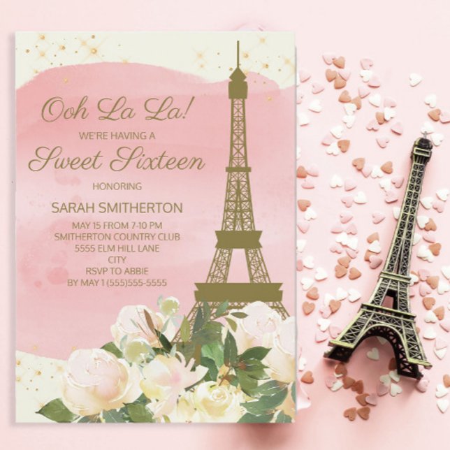 Convite Torre Eiffel em Rosa Elegante Ouro Dourado Paris S (Ooh La La! Paris/Eiffel Tower Sweet 16 invitation)