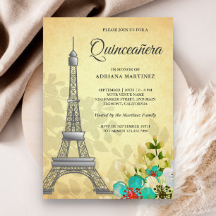 Convite Torre Eiffel Floral Rústica Vintage para Quinceane
