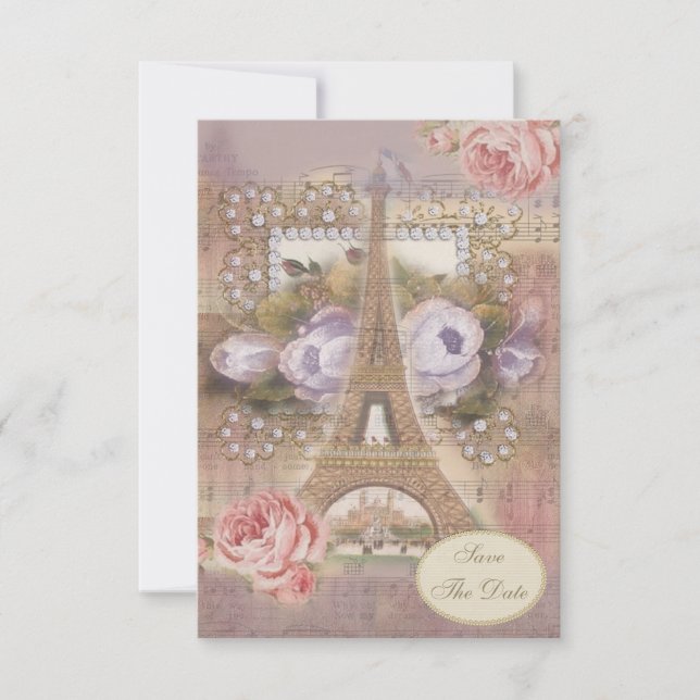 Convite Torre Eiffel Floral Shabby Chic Salve a Data (Frente)