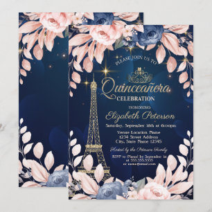 Convite Torre Eiffel,Flores Azuis,Quinceañera Azul Marinho