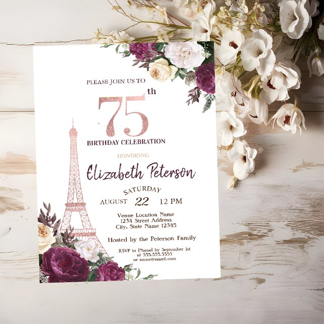 Convite Torre Eiffel Flores Borgonha 75º Aniversário (Criador carregado)
