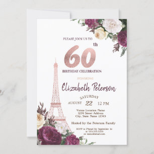 Convite Torre Eiffel Flores Borgonha Aniversário de 60 ano
