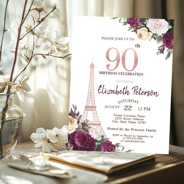 Convite Torre Eiffel Flores Borgonha Aniversário de 90 ano (Criador carregado)
