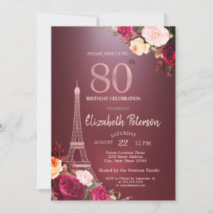 Convite Torre Eiffel Flores Borgonha Rosas Aniversário de