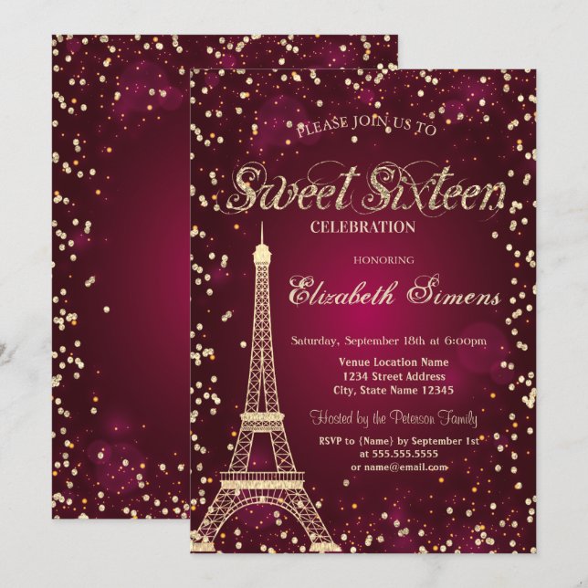 Convite Torre Eiffel Glitter Dourado Diamantes Vermelho Do (Frente/Verso)