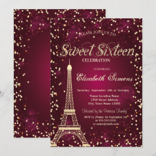 Convite Torre Eiffel Glitter Dourado Diamantes Vermelho Do