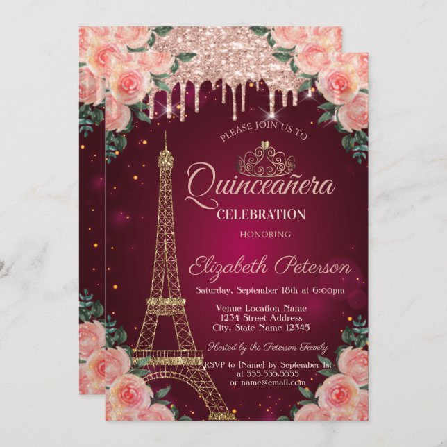 Convite Torre Eiffel Glitter Gira Quinceañera Floral (Frente/Verso)
