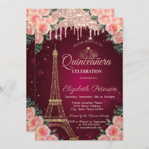 Convite Torre Eiffel Glitter Gira Quinceañera Floral