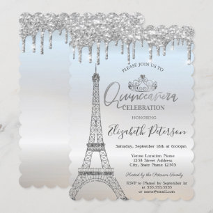 Convite Torre Eiffel Glitter Legal, Gotas de Prata Quincea