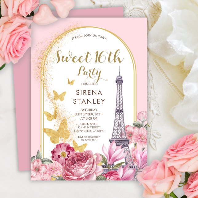 Convite Torre Eiffel Glitters & Flowers Girly Sweet 16 (Criador carregado)