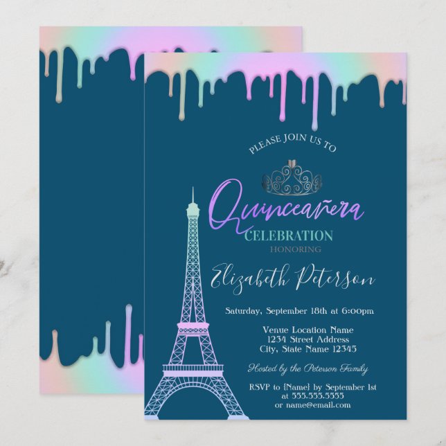 Convite Torre Eiffel, Gotas de Arco-íris Azul Quinceañera (Frente/Verso)