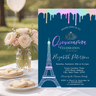 Convite Torre Eiffel, Gotas de Arco-íris Azul Quinceañera