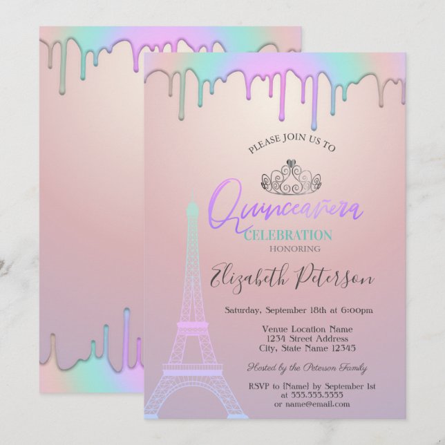Convite Torre Eiffel, Gotas de Arco-íris Quinceañera (Frente/Verso)
