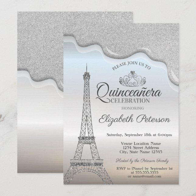Convite Torre Eiffel, Gotas de Prata Quinceañera (Frente/Verso)