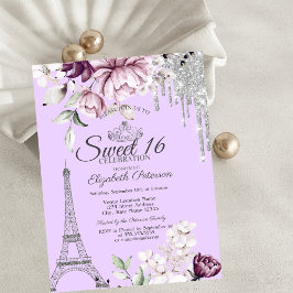 Convite Torre Eiffel, Gotas, Flores de Lilás Sweet 16