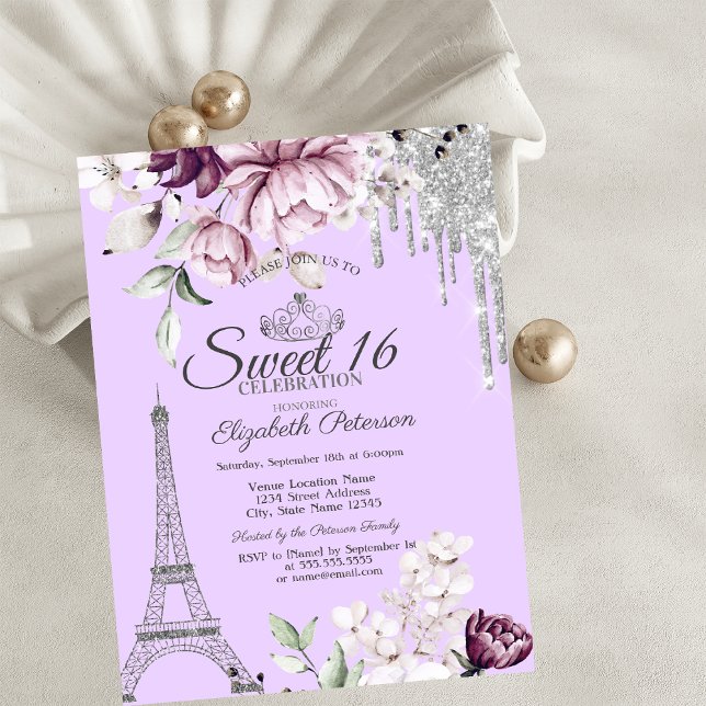 Convite  Torre Eiffel, Gotas, Flores de Lilás Sweet 16   (Criador carregado)
